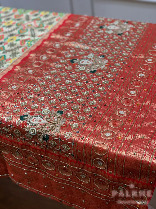 Beige Tissue Silk Patola x Hand Embroidery