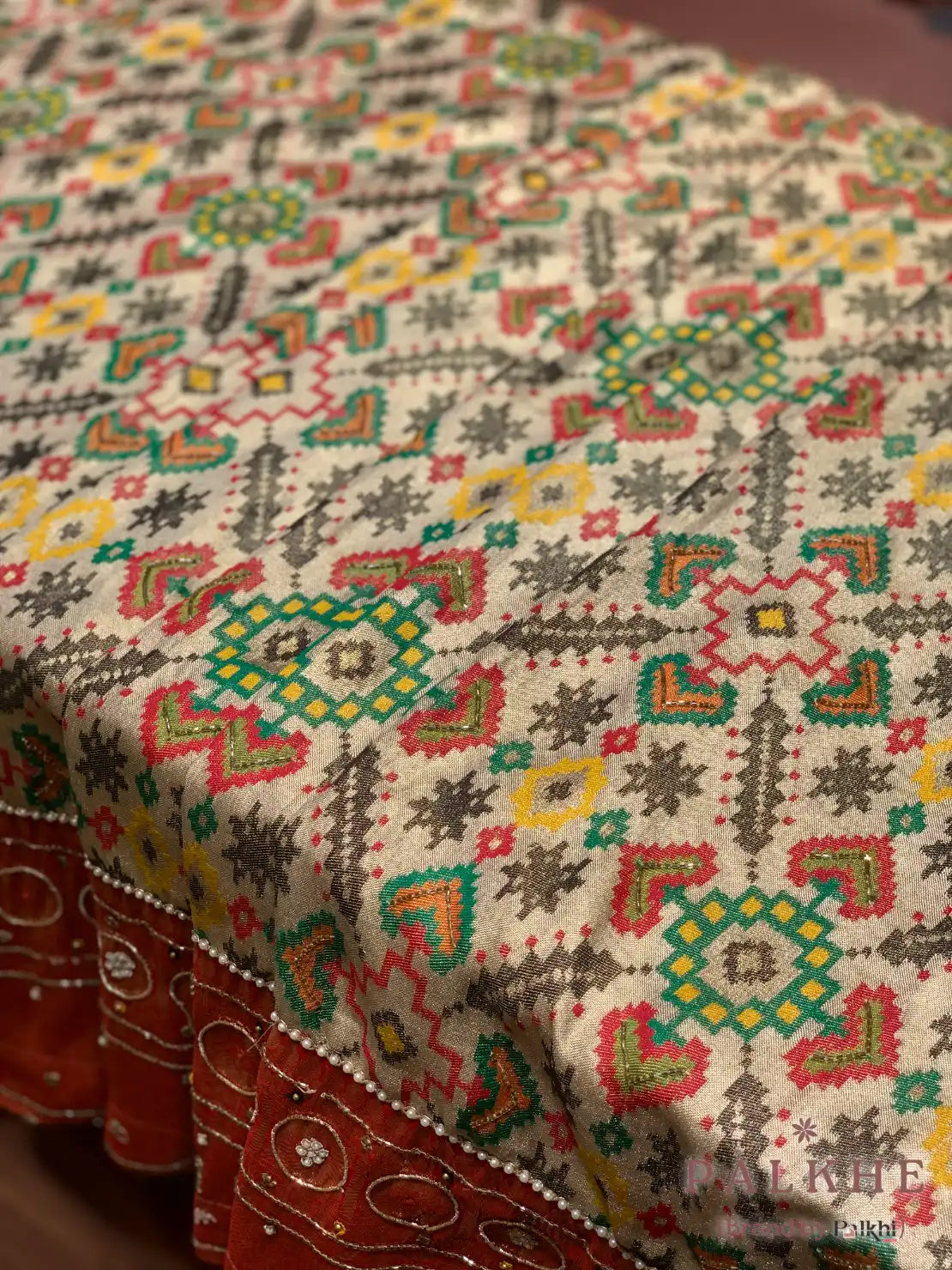 Beige Tissue Silk Patola x Hand Embroidery