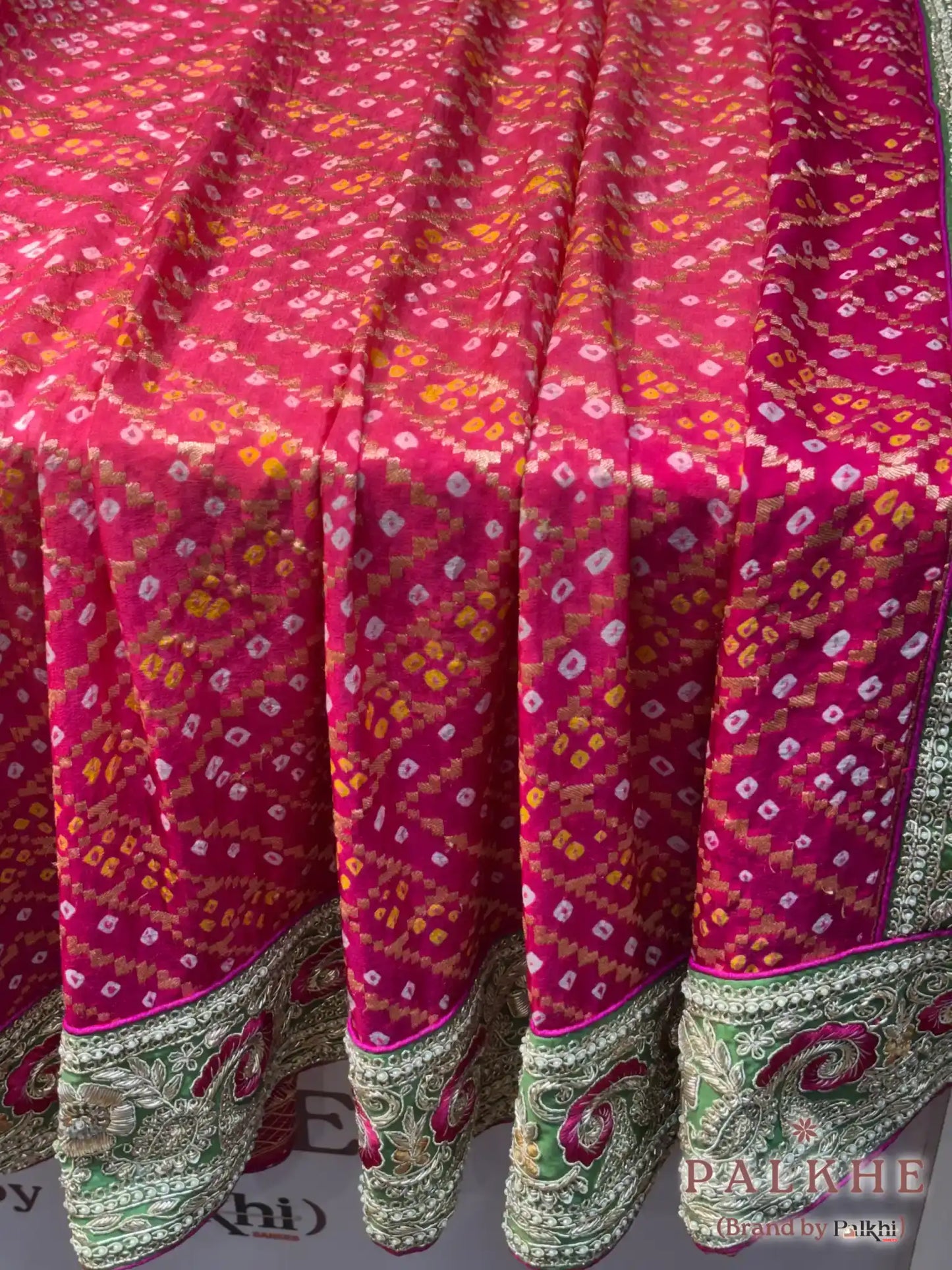 Rani Pink Pure Georgette Bandhej x Hand Embroidery