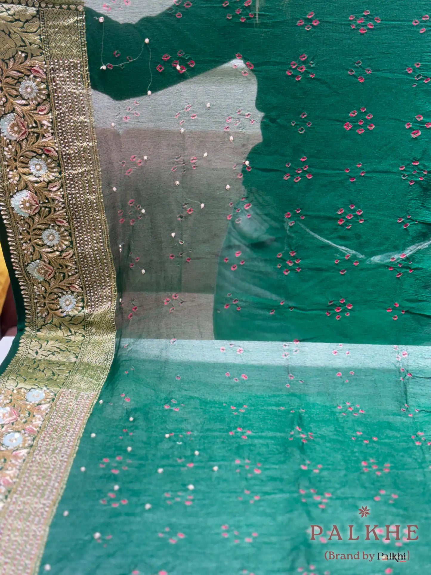 Bottle Green Pure Georgette Bandhej x Hand Embroidery