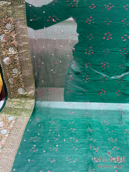 Bottle Green Pure Georgette Bandhej x Hand Embroidery