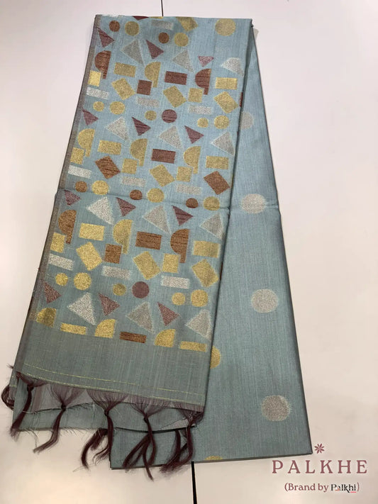 Aqua Blue Tussar Silk Geometric