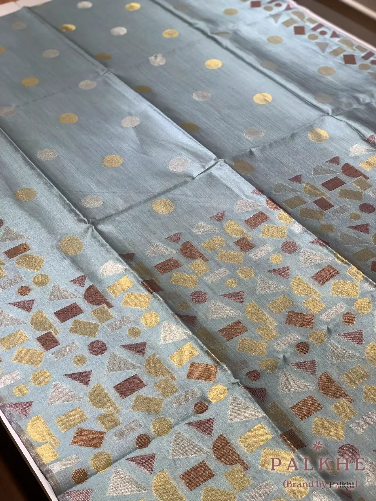 Aqua Blue Tussar Silk Geometric