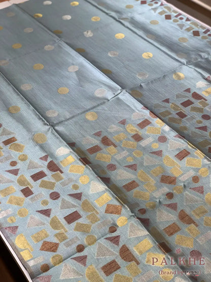 Aqua Blue Tussar Silk Geometric