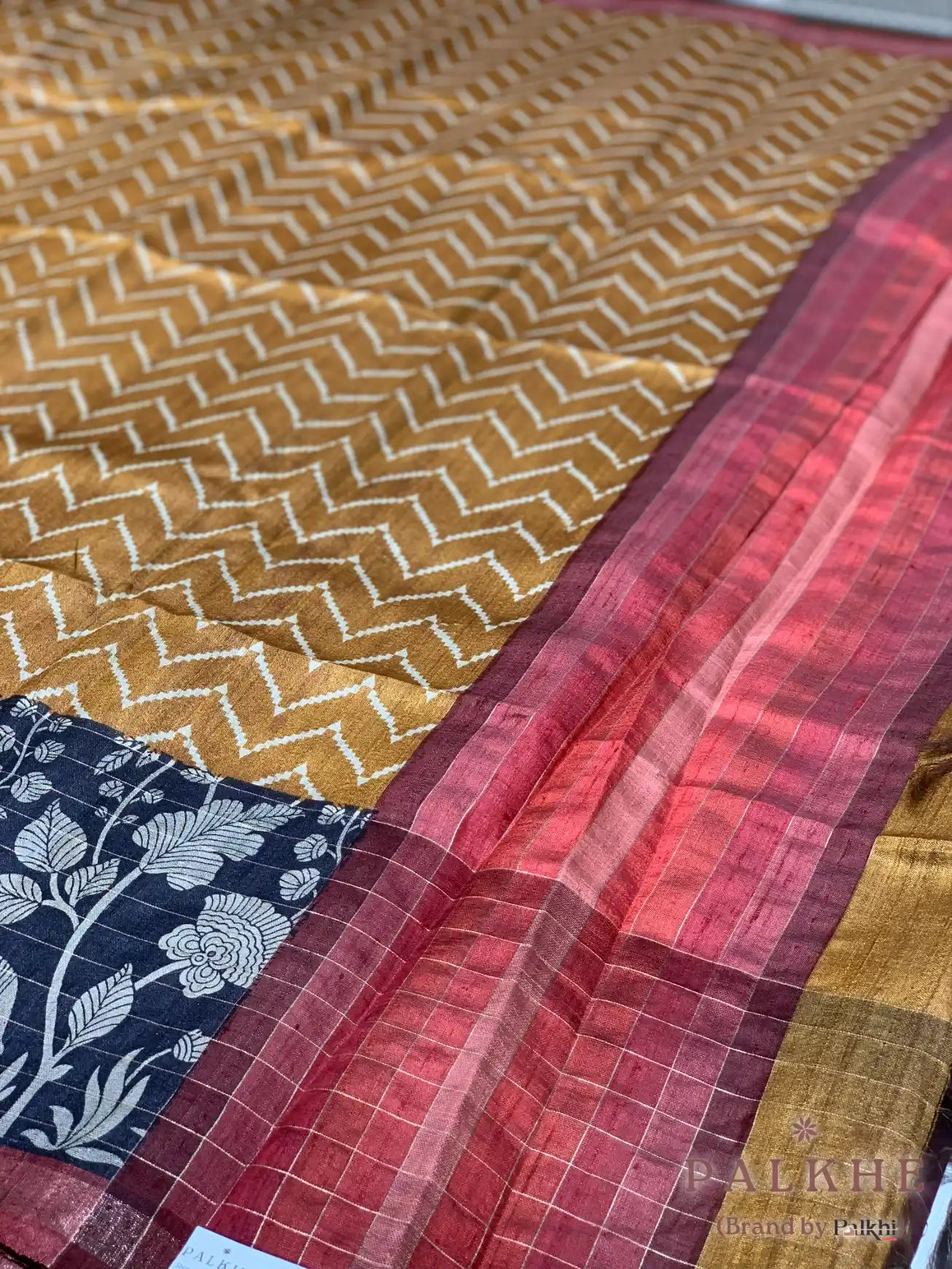 Mustard Yellow Tussar Silk Geometric