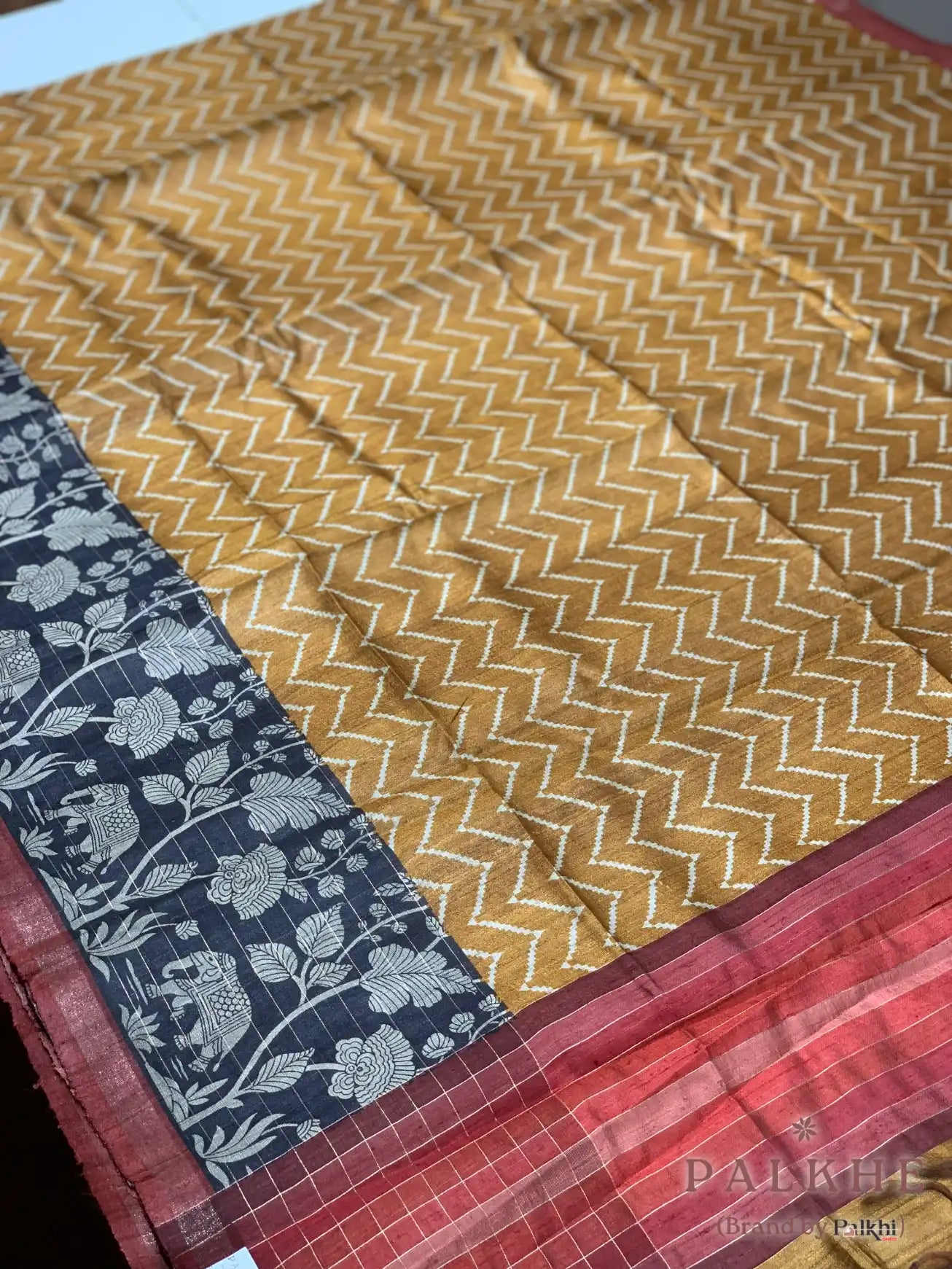 Mustard Yellow Tussar Silk Geometric
