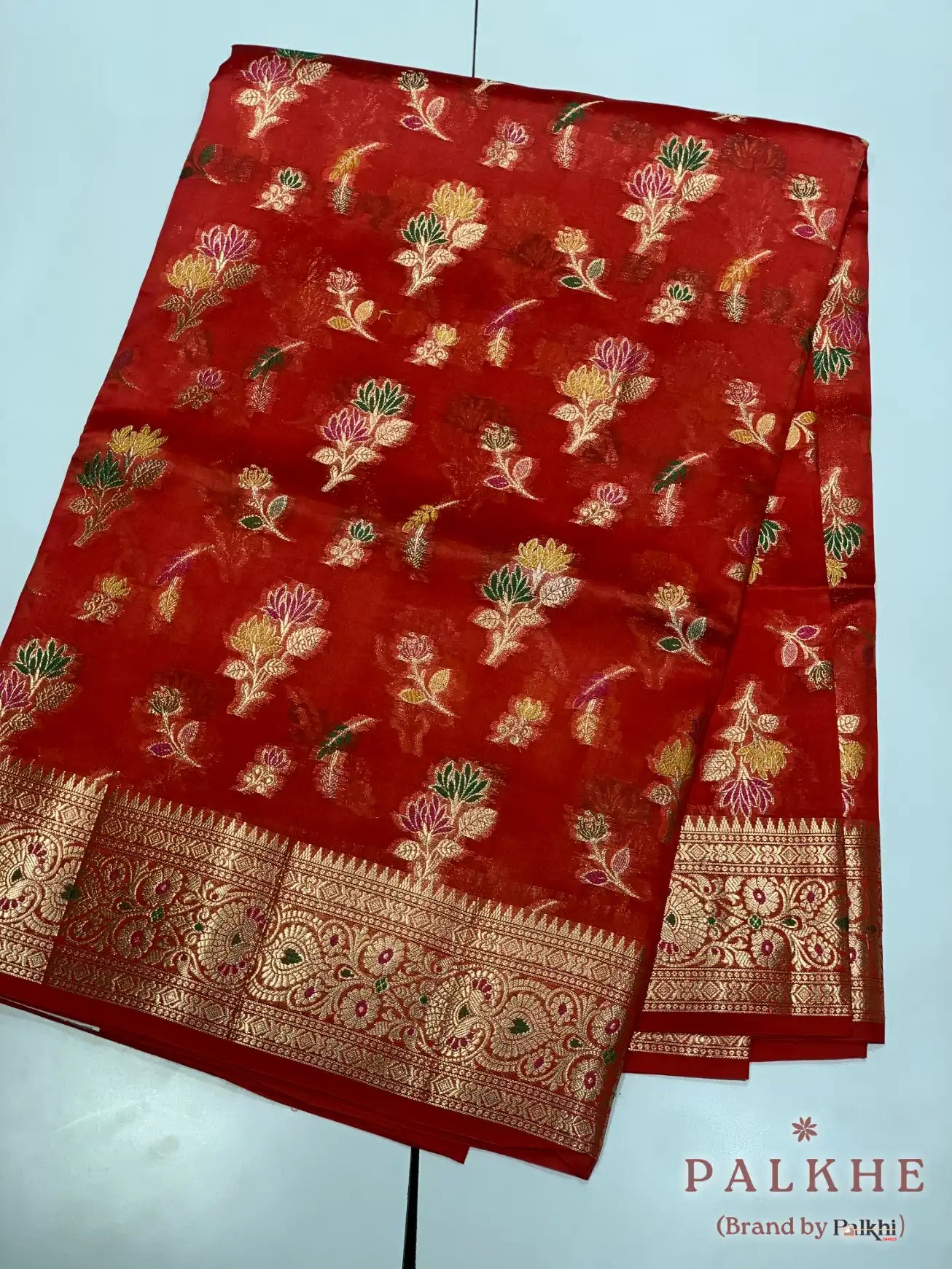Rust Orange Banarasi Floral in Crepe Silk