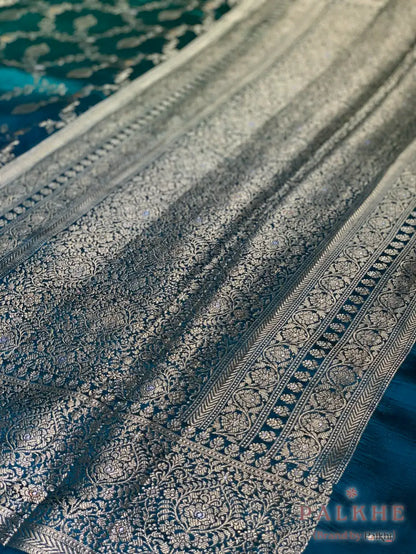 Peacock/teal Blue Banarasi Floral Jaal in Kora Silk