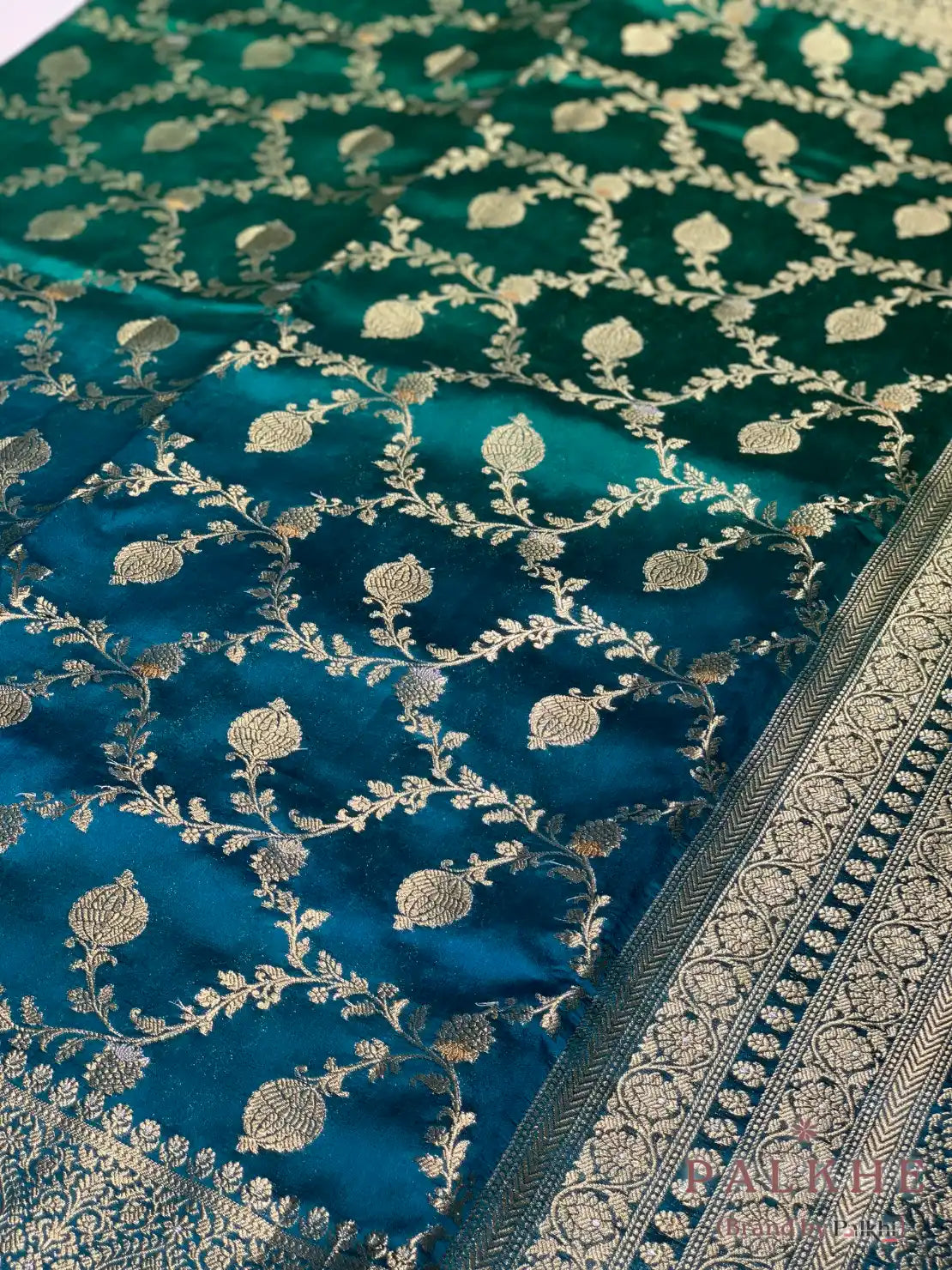 Peacock/teal Blue Banarasi Floral Jaal in Kora Silk