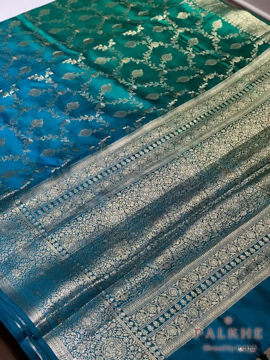 Peacock/teal Blue Banarasi Floral Jaal in Kora Silk