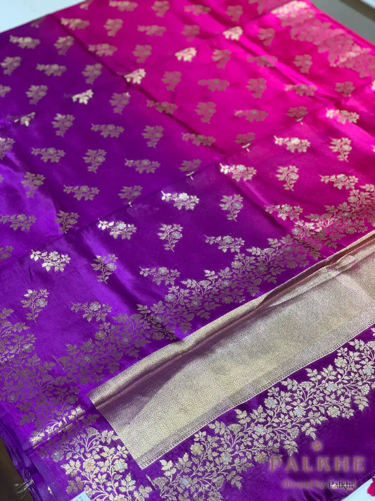 Purple & Pink Banarasi Floral Buttas in Kora Silk