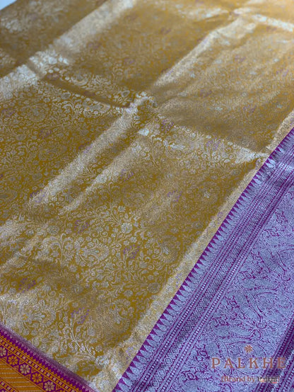 Mustard Yellow Kanjivaram Floral Jaal in Pure Silk