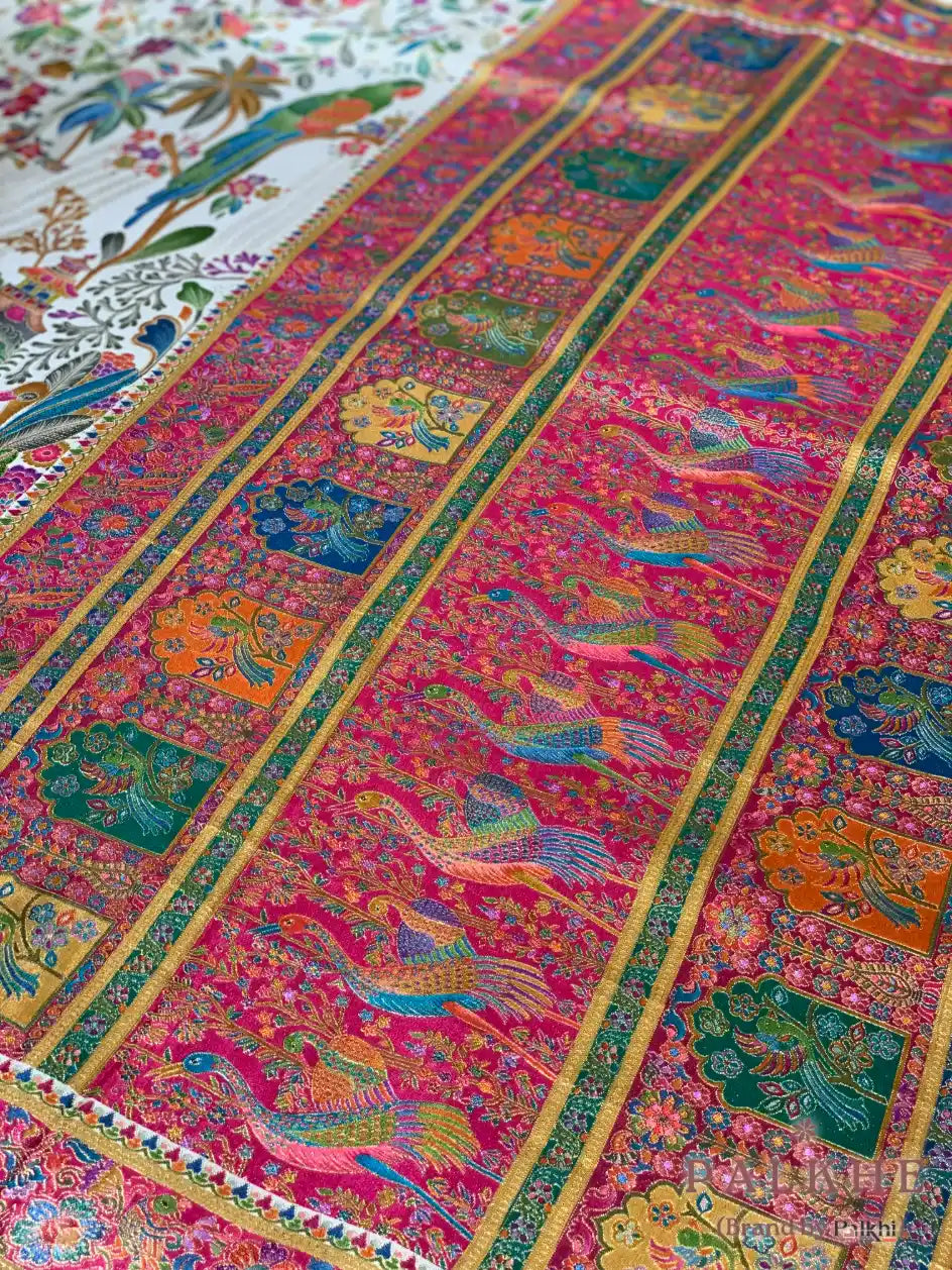 Cream Pashmina Silk Animal Figures