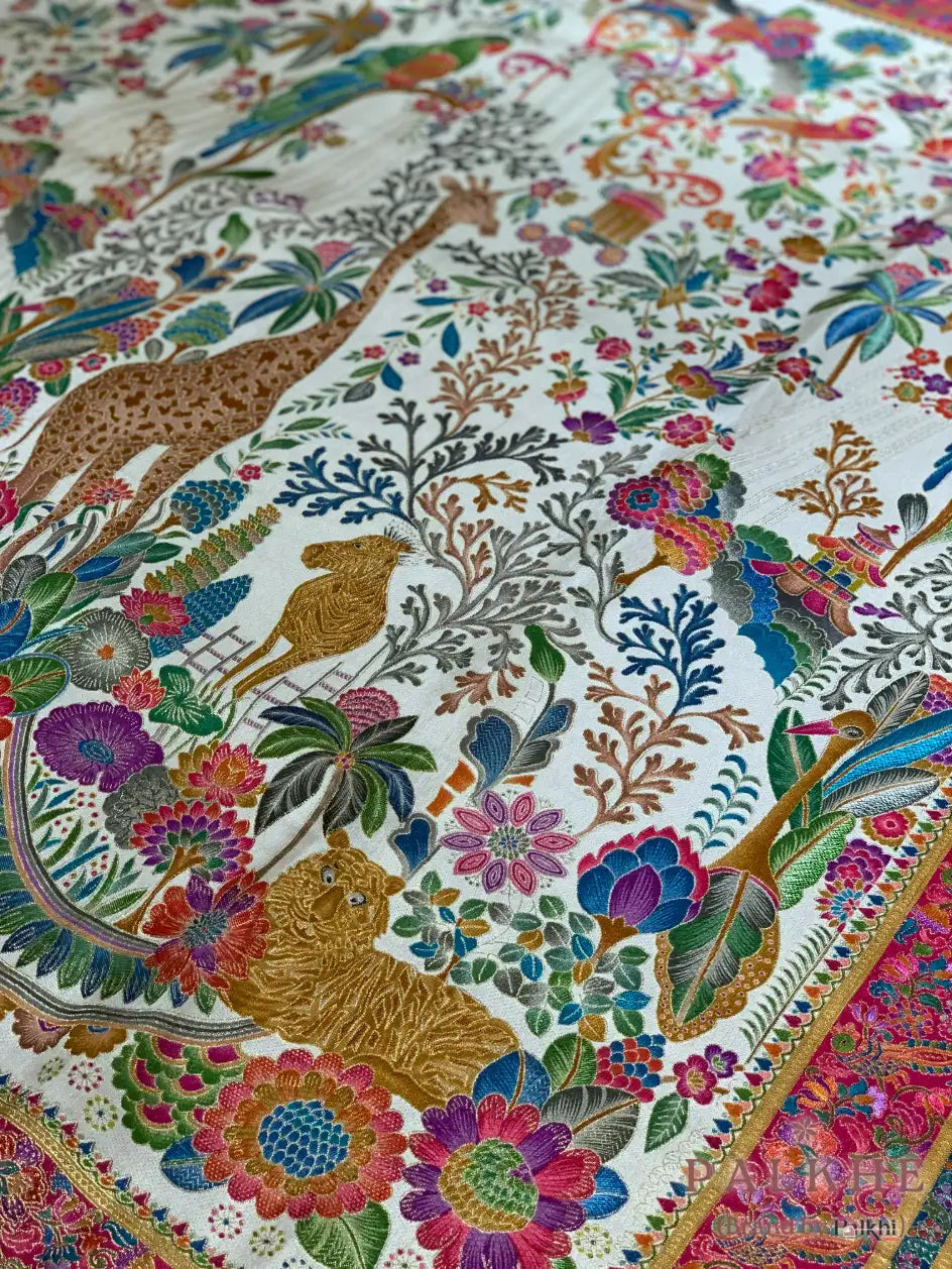 Cream Pashmina Silk Animal Figures