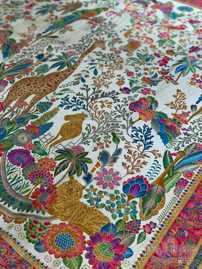 Cream Pashmina Silk Animal Figures