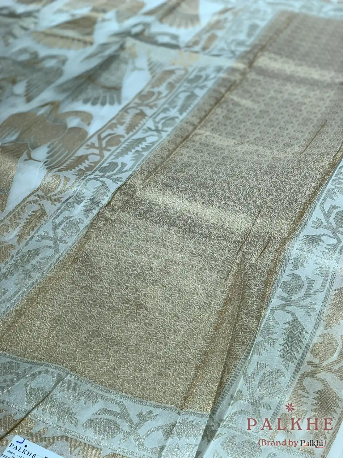 Ivory Georgette Bird Motifs in Pure