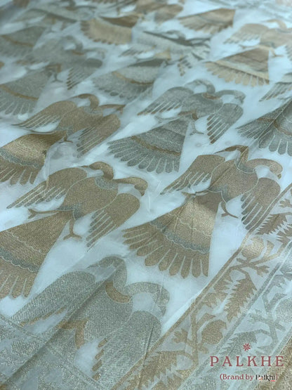 Ivory Georgette Bird Motifs in Pure