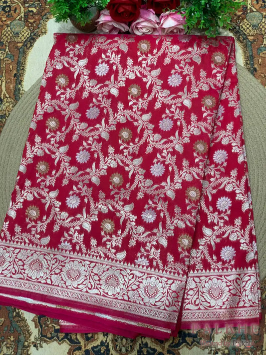 Cherry Red Banarasi Floral Jaal in Katan Silk