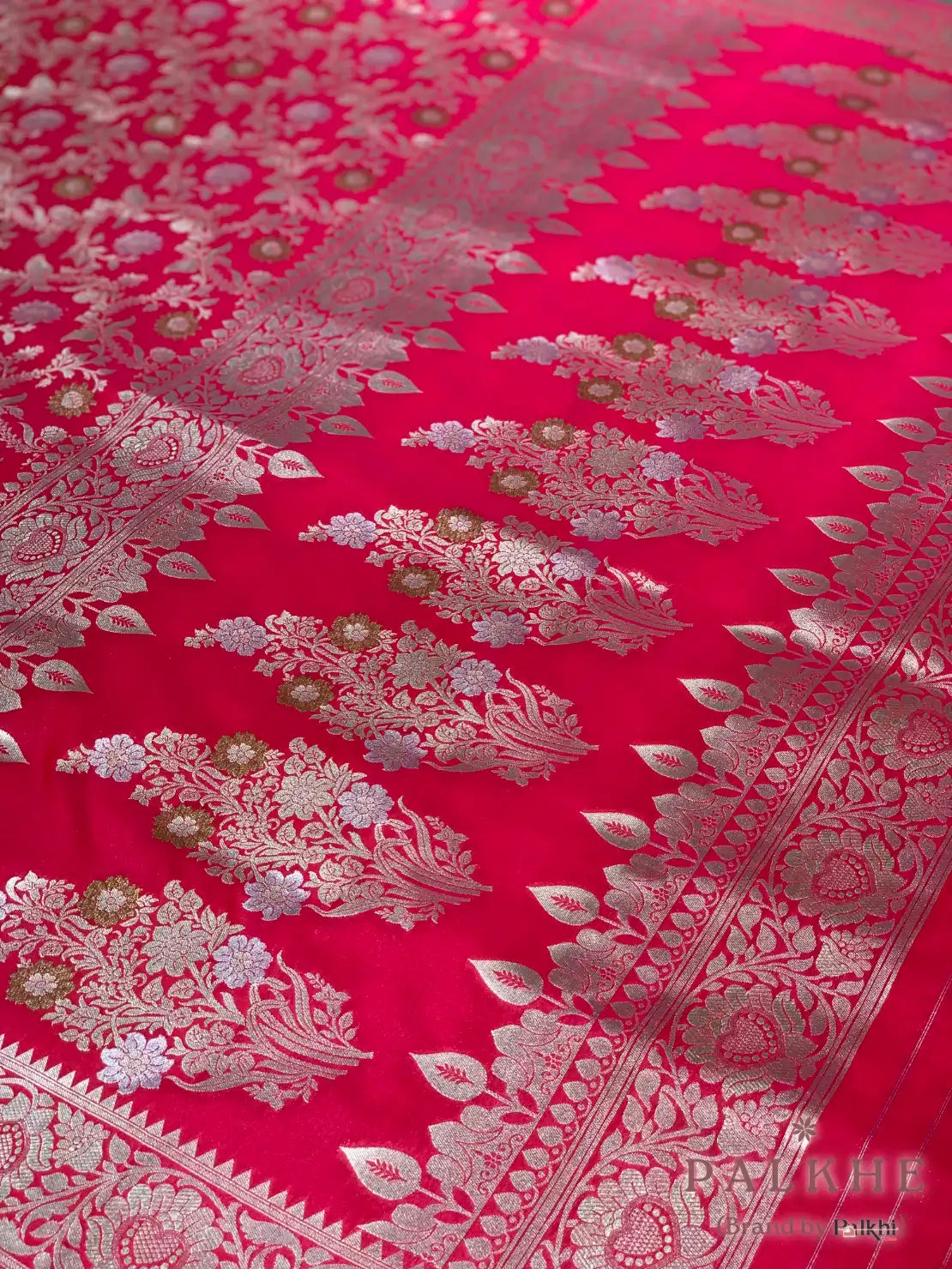 Cherry Red Banarasi Floral Jaal in Katan Silk