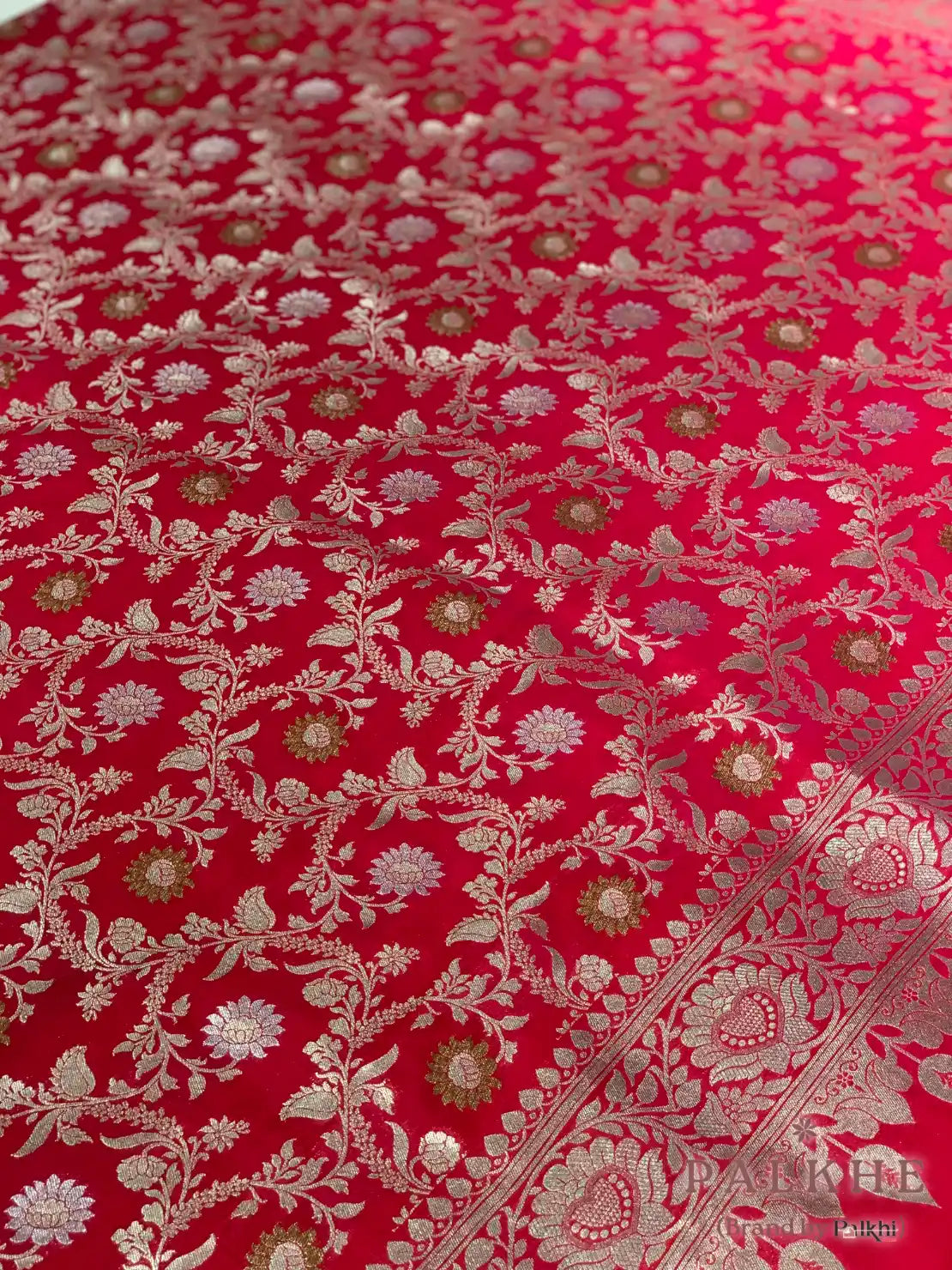 Cherry Red Banarasi Floral Jaal in Katan Silk