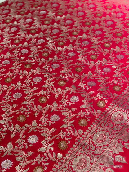 Cherry Red Banarasi Floral Jaal in Katan Silk