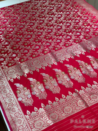 Cherry Red Banarasi Floral Jaal in Katan Silk