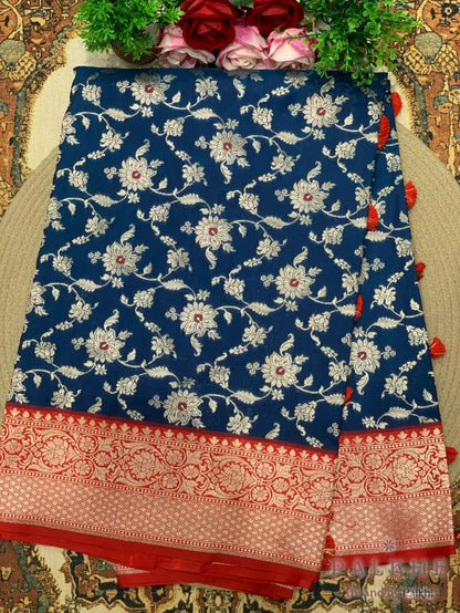 Dark Blue Banarasi Floral Jaal in Silk