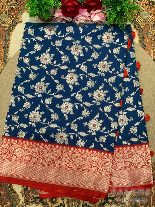 Dark Blue Banarasi Floral Jaal in Silk