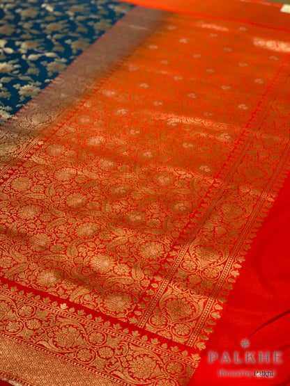 Dark Blue Banarasi Floral Jaal in Silk