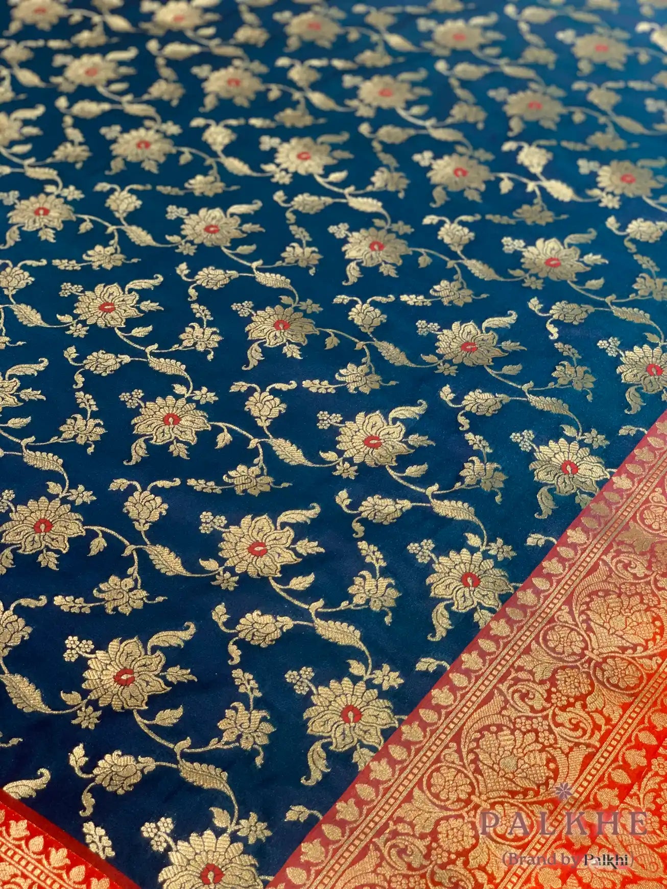 Dark Blue Banarasi Floral Jaal in Silk