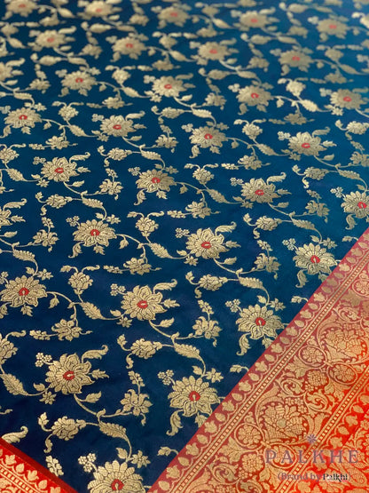 Dark Blue Banarasi Floral Jaal in Silk