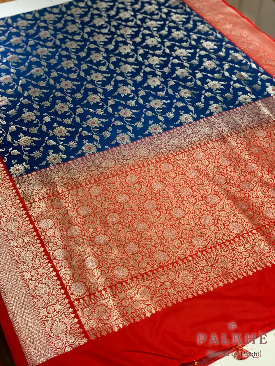 Dark Blue Banarasi Floral Jaal in Silk