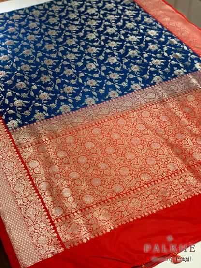 Dark Blue Banarasi Floral Jaal in Silk