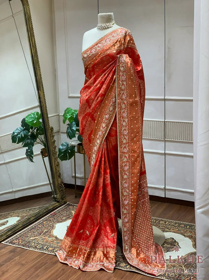 Rust Pure Silk Kanjivaram x Hanad Embroidery