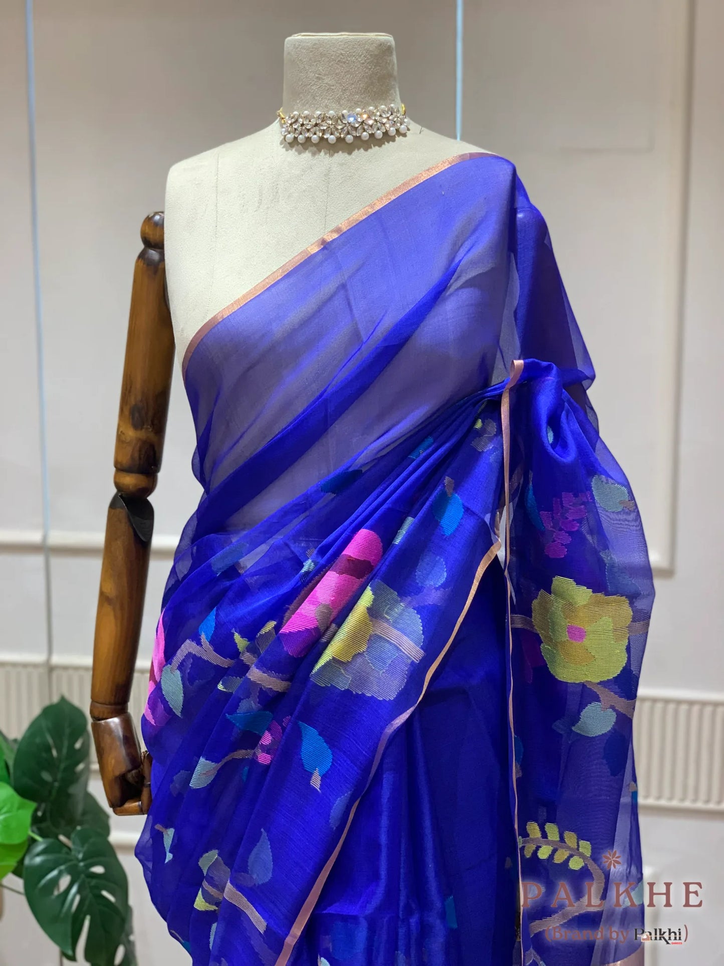 Royal Blue Paithani Floral in Pure Kora
