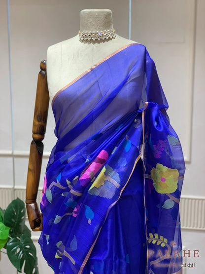 Royal Blue Paithani Floral in Pure Kora