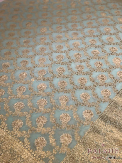 Aqua Blue Banarasi Floral Jaal in Georgette