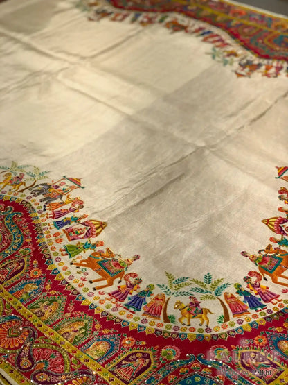 Cream Silk Pashmina x Hand Embroidery