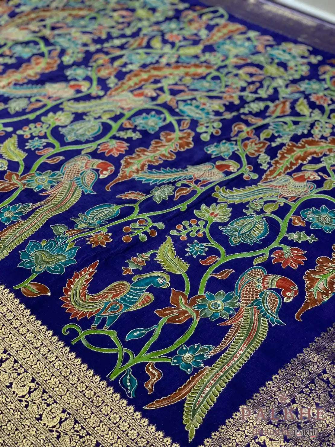 Royal Blue Peacock Motifs Gajji Silk Pashmina x Hand Embroidery