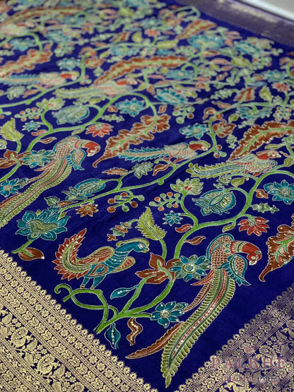 Royal Blue Peacock Motifs Gajji Silk Pashmina x Hand Embroidery
