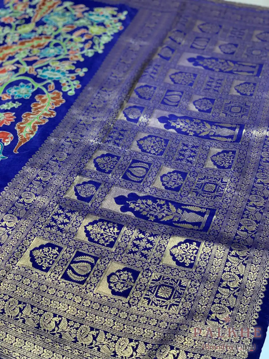 Royal Blue Peacock Motifs Gajji Silk Pashmina x Hand Embroidery