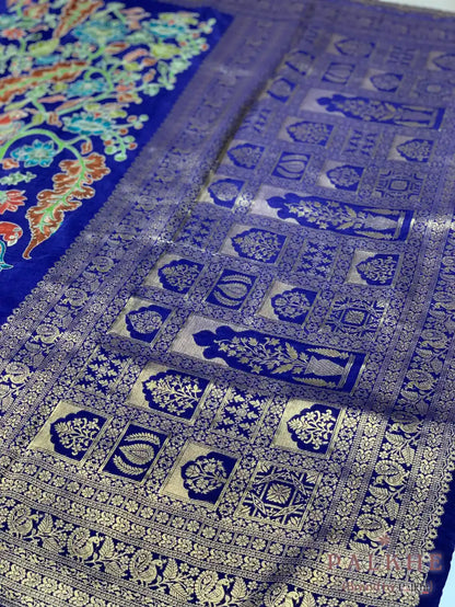 Royal Blue Peacock Motifs Gajji Silk Pashmina x Hand Embroidery