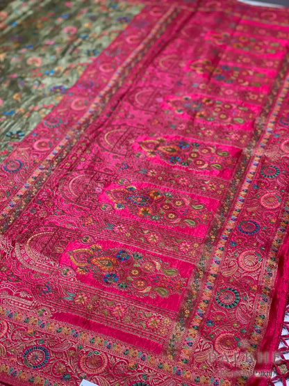 Olive Green Pashmina Meenakari in Satin Silk