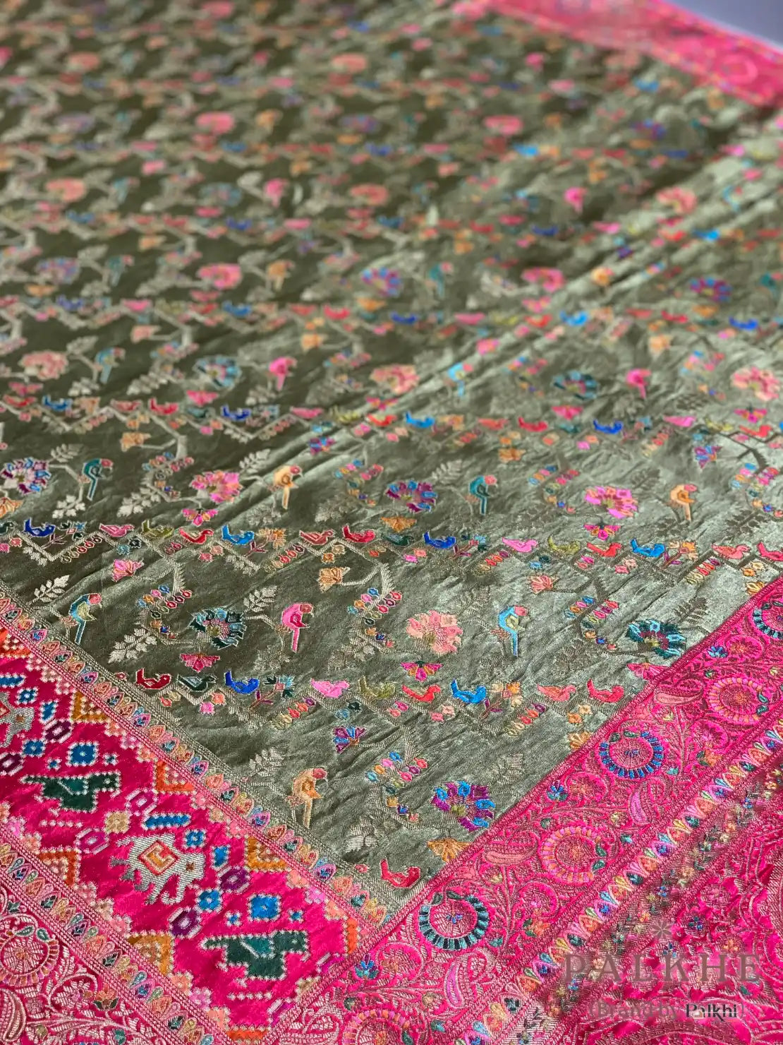 Olive Green Pashmina Meenakari in Satin Silk