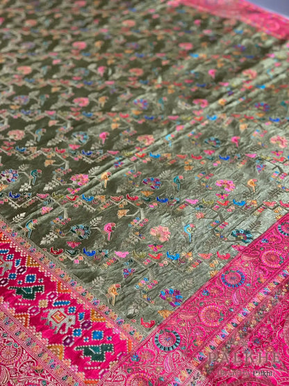 Olive Green Pashmina Meenakari in Satin Silk