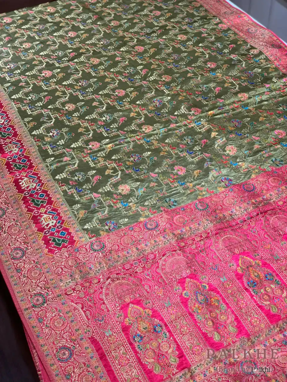 Olive Green Pashmina Meenakari in Satin Silk