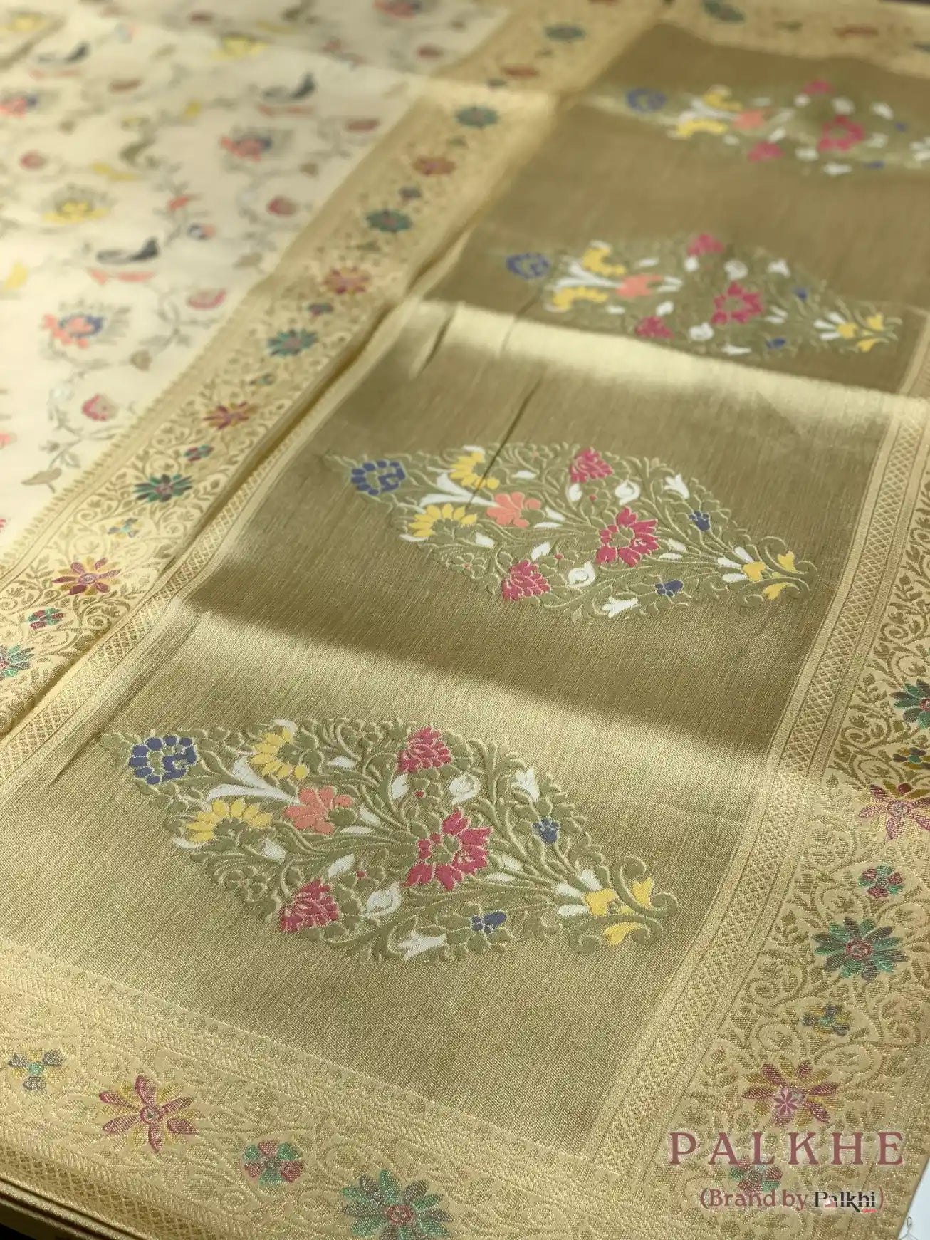 Off White Tussar Floral Jaal in Soft Silk