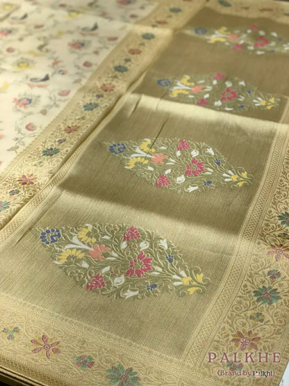 Off White Tussar Floral Jaal in Soft Silk