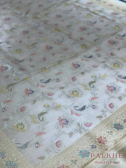Off White Tussar Floral Jaal in Soft Silk