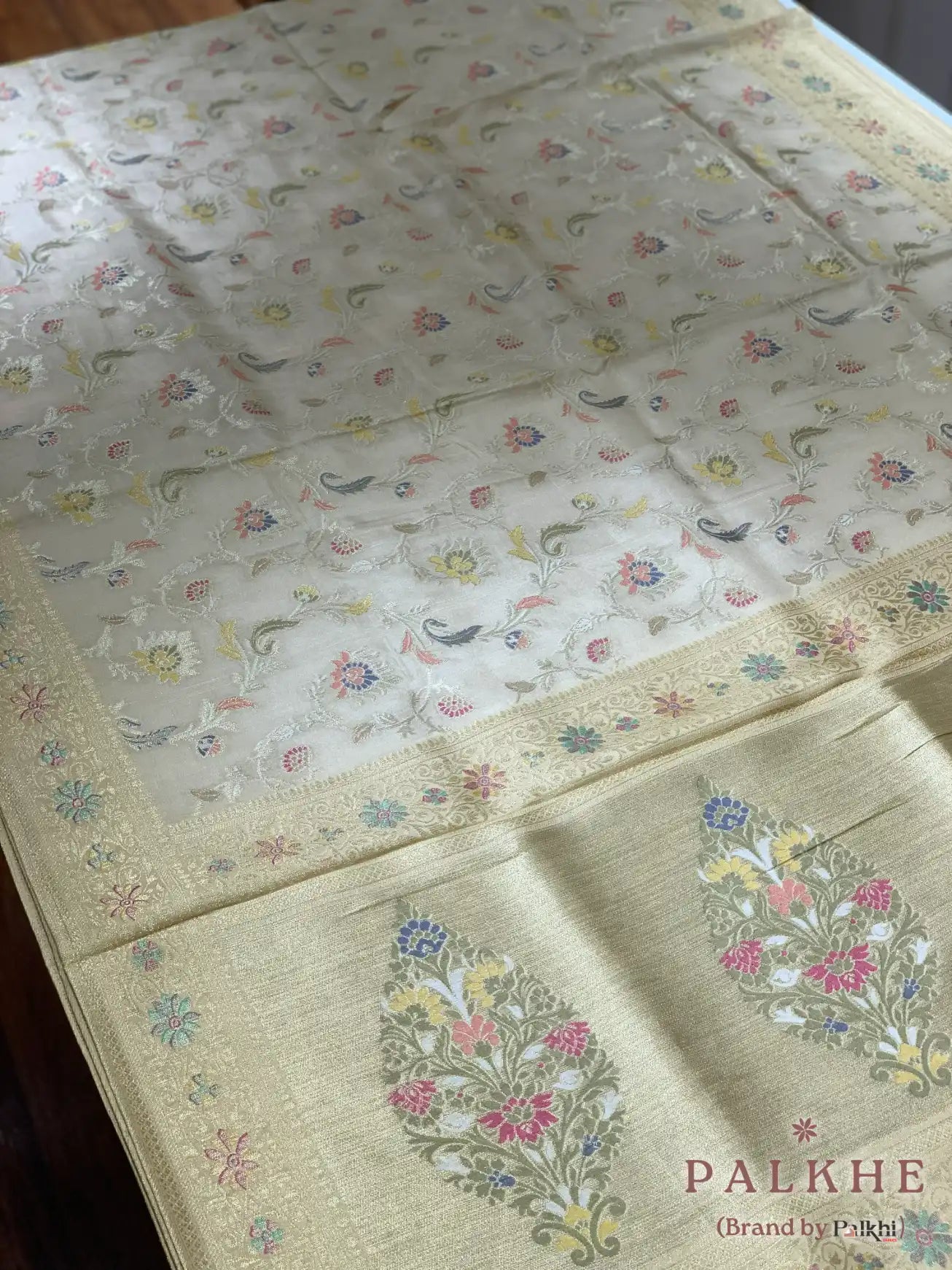 Off White Tussar Floral Jaal in Soft Silk
